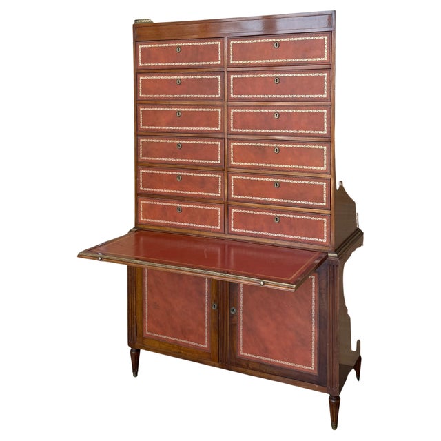 Early 20th Century Chippendale Style Orange Tooled Leather Commode Chest of Drawers, Desk For Sale - Image 16 of 18