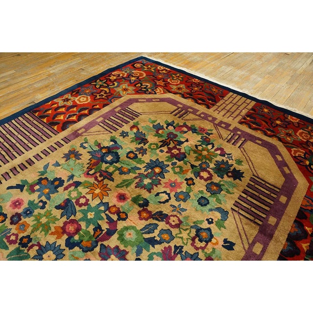Textile 1920s Tan Camel Floral Antique Chinese Art Deco Rug 8' 9" X 11' 6" Handknotted Wool Carpet For Sale - Image 7 of 11