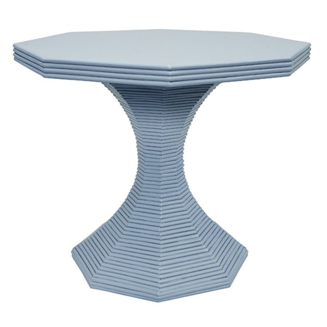 Contemporary Matthew Izzo Home Octavia 36" Octagonal Light Blue Painted Rattan Pedestal Table For Sale - Image 3 of 11