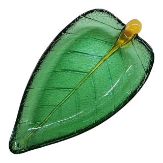 Dynasty Galleries Textured Green and Amber Leaf Glass Dish For Sale