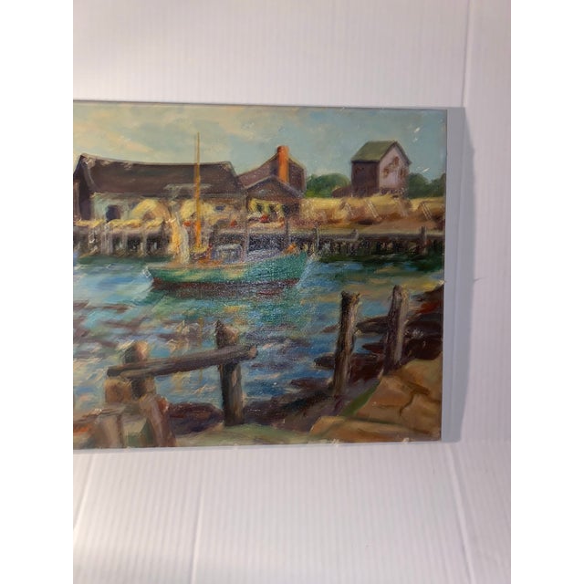 Vintage Signed Maritime Habor Oil Painting Harbor Scene With a Boat For Sale In Miami - Image 6 of 12