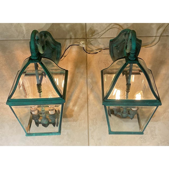 Turquoise Pair of Vintage Solid Brass Lanterns- 14” H X 7”w X 10”d For Sale - Image 8 of 14