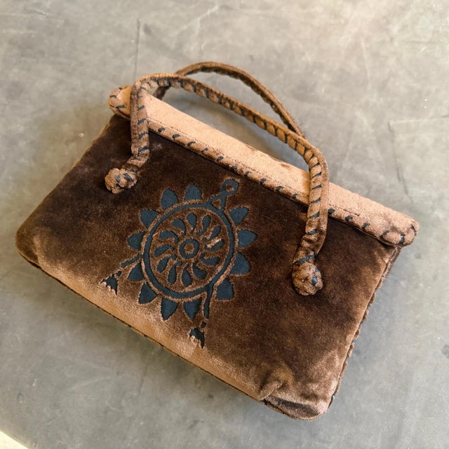 Chocolate 1970s Hippies Style Chocolate Brown Velvet Italian Top Handle Bag For Sale - Image 8 of 12