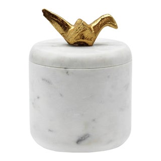 Matthew Izzo Home Oriz Marble Round Container With Brass Origami Bird on Lid For Sale