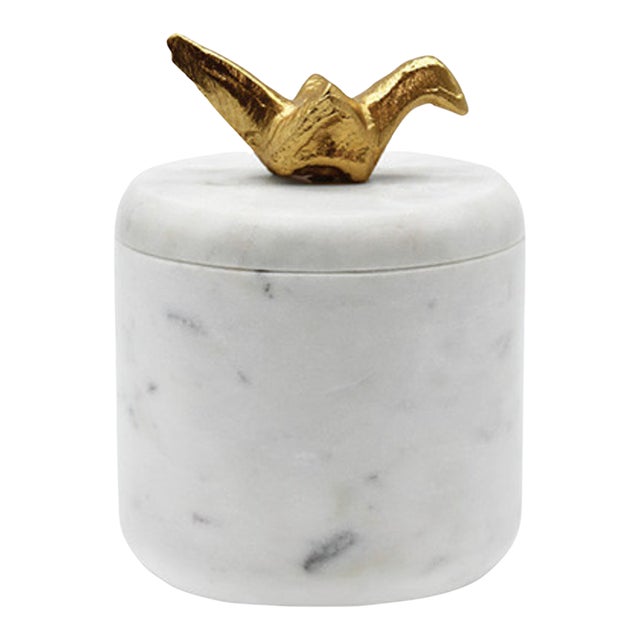 Matthew Izzo Home Oriz Marble Round Container With Brass Origami Bird on Lid For Sale