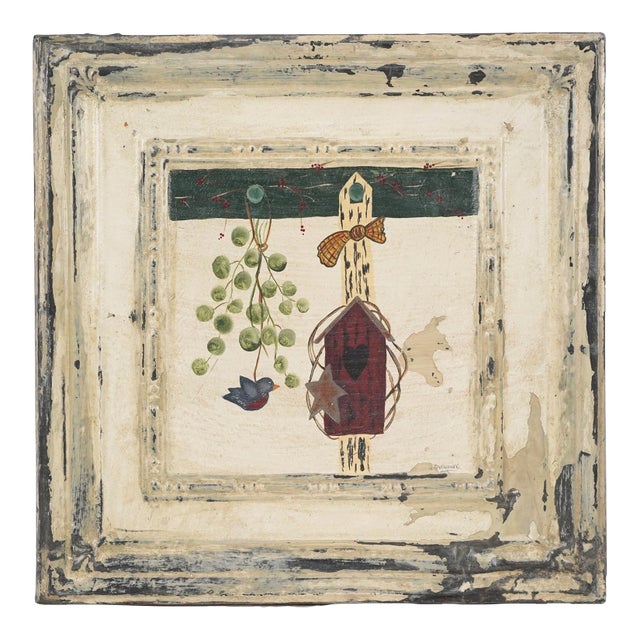 Hand Painted Bird House Tin Ceiling Wall Panel For Sale