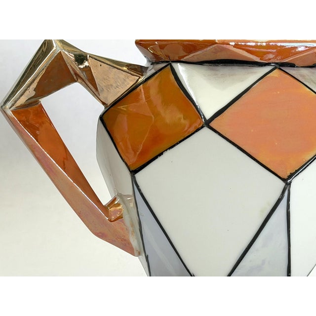 1920s Art Deco Teapot With Geometric Orange and White Pattern and Gold Luster Accents For Sale - Image 11 of 16