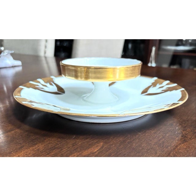 Art Deco Antique Limoges Art Deco 2 Tier Caviar Plate 9.5” Gold Gilt G Mono For Sale - Image 3 of 12