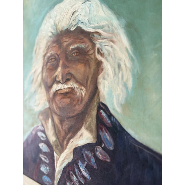 Vintage Oil Portrait of Indigenous Elder in Rustic Frame For Sale - Image 4 of 10