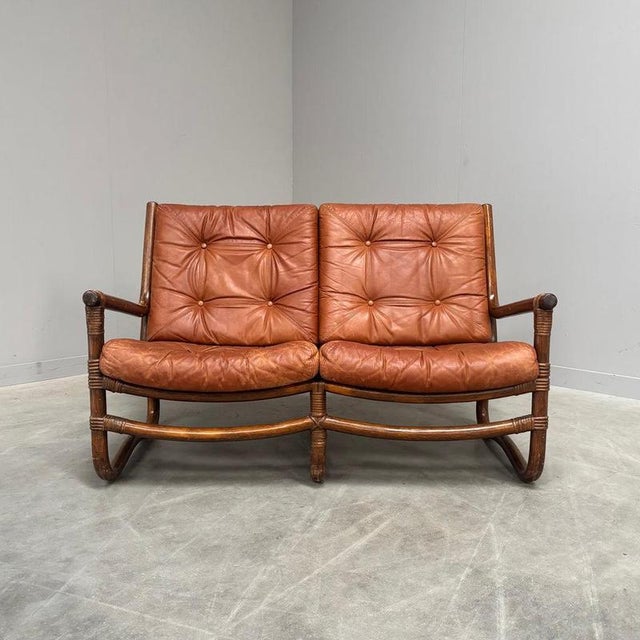 Vintage Bamboo and Leather Sofa, 1970s For Sale - Image 4 of 15