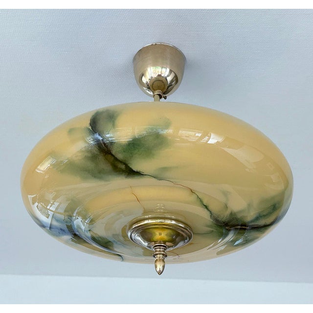 Art Deco Pendant Light in Amber Green Marble Glass, 1930s For Sale - Image 6 of 18