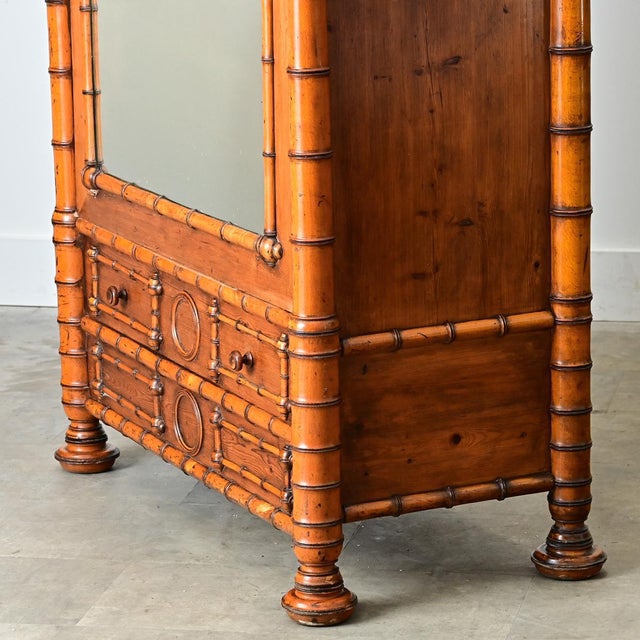 Wood French 19th Century Faux Bamboo Pine Mirror Door Armoire For Sale - Image 7 of 12
