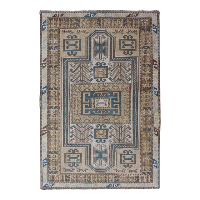 Vintage Turkish Medallion Oushak Rug in Blue, Mocha, and Taupe 3'5"x5'6" For Sale