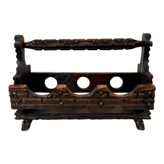 Vintage Mid Century Spanish Revival Solid Wood & Brass Three Wine Bottle Holder For Sale