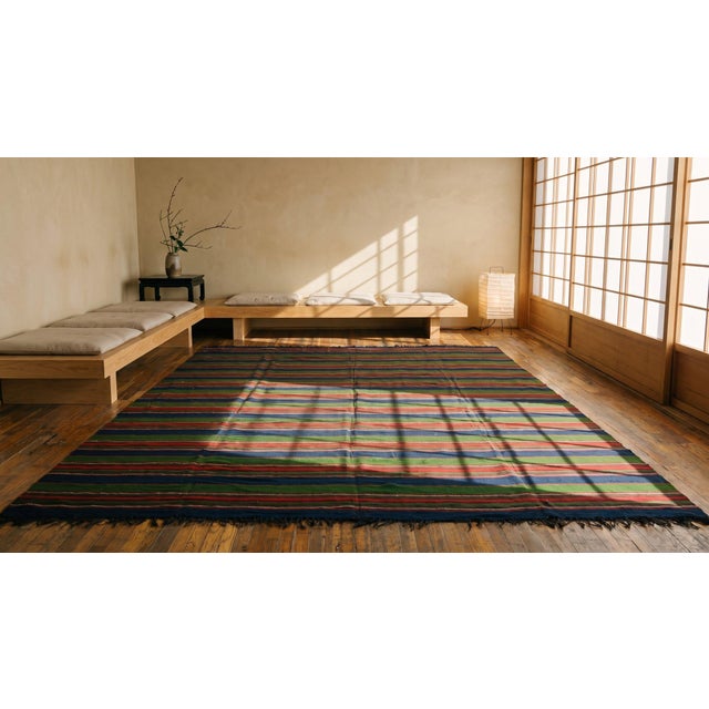 1930s Multicolor Geometric Stripe Flat Woven Antique Kilim Anatolian Turkey Rug 11'0" X 14'4" Wool Carpet For Sale In New York - Image 6 of 8