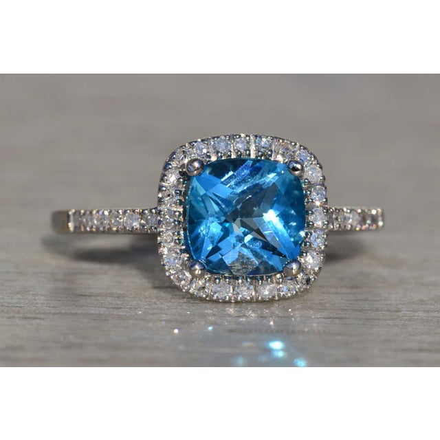 Silver The San Bruno: Ladies 14K Checkerboard Cushion Cut Topaz and Diamond Halo Ring For Sale - Image 8 of 10