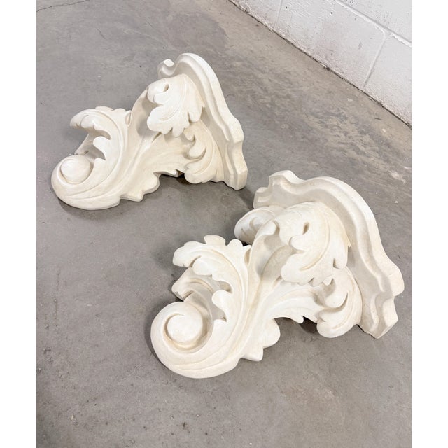 French Rococo Neoclassical Acanthus Leaf Cast Stone Garden Wall Brackets Shelves For Sale - Image 3 of 15