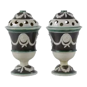 18th / 19th Century English George III Creamware Vase Urns with Flower Frog Covers - A Pair
