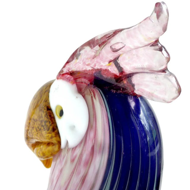 Murano Vintage Murano Colorful Fenicio Pulled Feather Design Italian Art Glass Parrot Bird Sculpture on Pedestal For Sale - Image 4 of 5