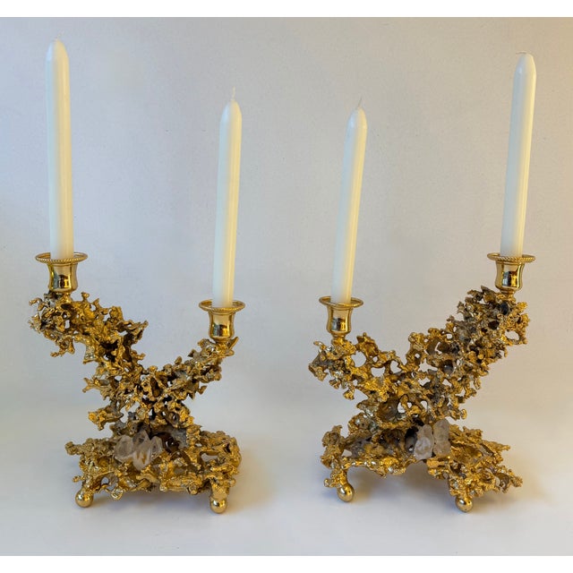 Pair of Gilt Bronze and Quartz Candlesticks by Boeltz, France, 1970s For Sale - Image 9 of 12