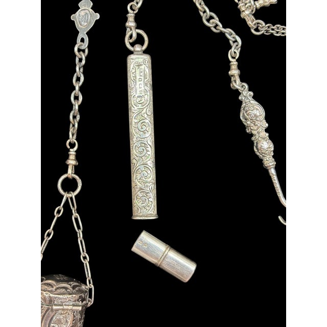 Silver Victorian Jewelry Chatelaine With Five Notions/Accessories Hallmarked English Sterling For Sale - Image 8 of 16