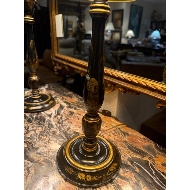 Chinoiserie Pair of Chinoiserie Candlestick Lamps For Sale - Image 3 of 10