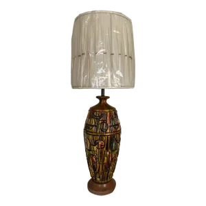 Mid-Century Brutalist Drip-Glazed Tall Table Lamp With Shade and Wood Base