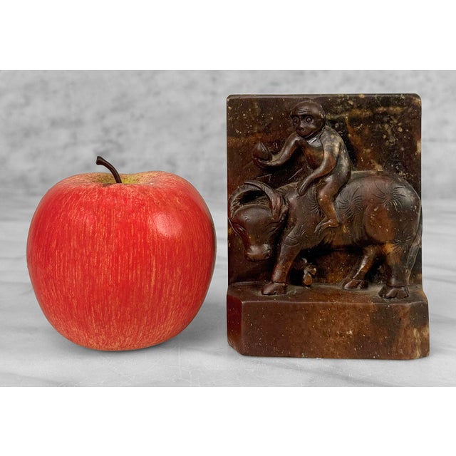 Chinoiserie Antique Chinese Soapstone Monkey Riding Buffalo Library Bookends - A Pair For Sale - Image 3 of 9