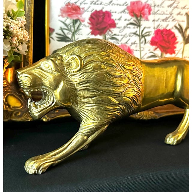 Gold Vintage Brass Lion Statue Office Bookcase Lion Decor 13" For Sale - Image 8 of 12