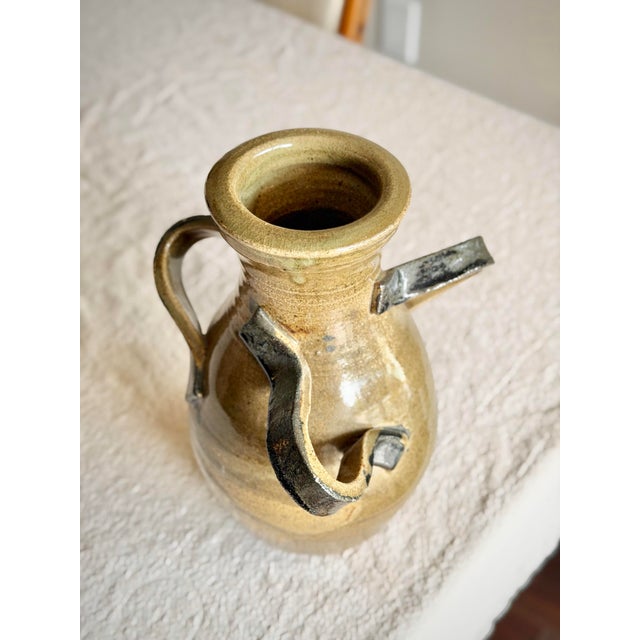 Olive Three Handled Mid 20th Century Signed Studio Pottery Vessel With Sculptural Handles in Earth-Toned Glaze For Sale - Image 8 of 12