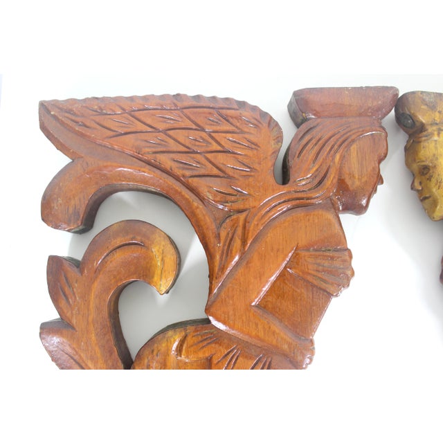 Wood Antique Carved Wood Shelf Brackets Corbels Female Ship Figurehead Large Heavy, a Pair For Sale - Image 7 of 16