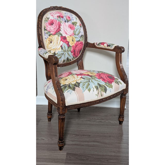Rose Vintage Louis XVI Style French Arm Chair Restyled/Restored- Vintage Cabbage Roses Floral Batkcloth Upholstery Fabric For Sale - Image 8 of 12