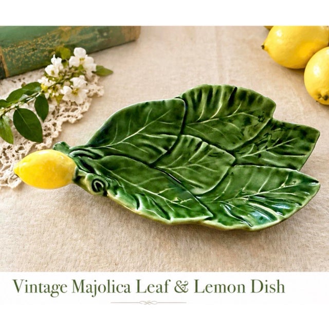 Vintage Portuguese ceramic dish by Olfaire, designed in a charming lemon leaf motif with sculptural fruit handle and...