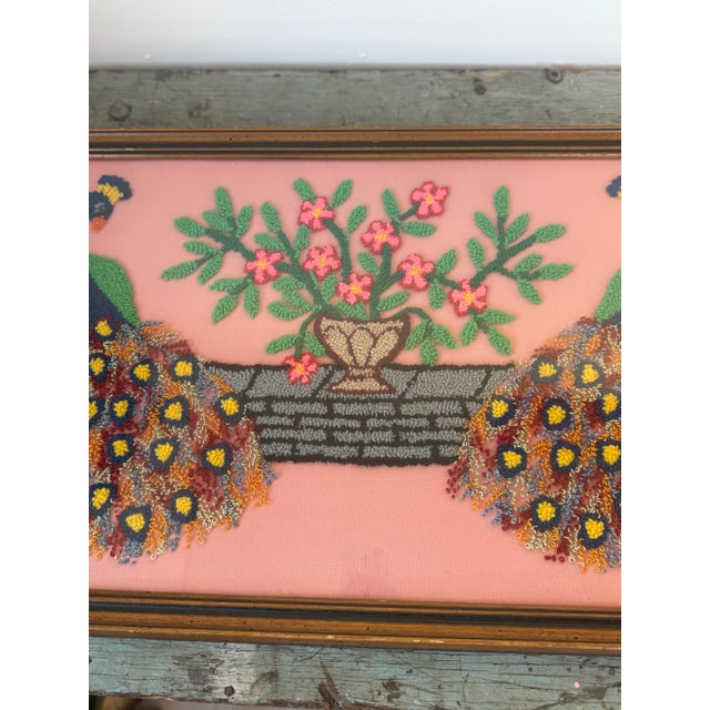Pink Vintage Hand-Stitched Peacock Pair in Front of Pink Flowers - Loop Embroidery Framed Under Glass For Sale - Image 8 of 11
