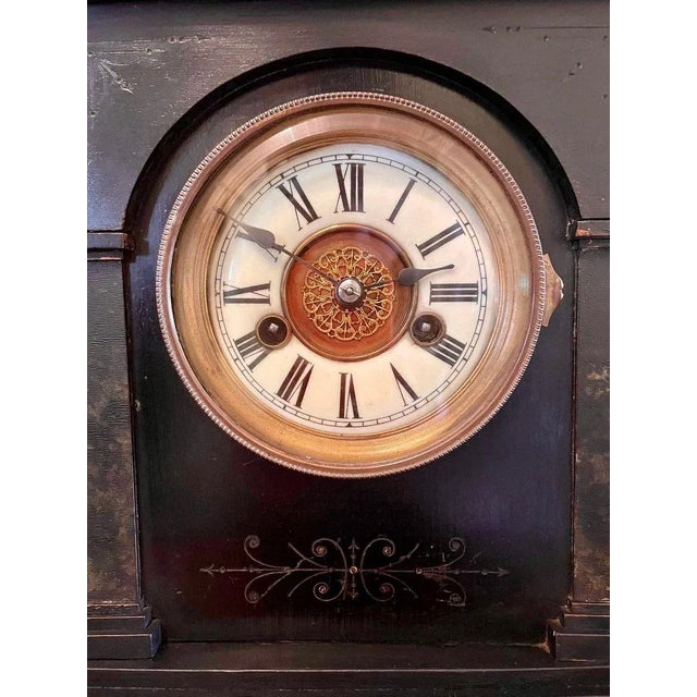 Metal Large Victorian 19th Century Faux Marble Mantel Clock For Sale - Image 7 of 14