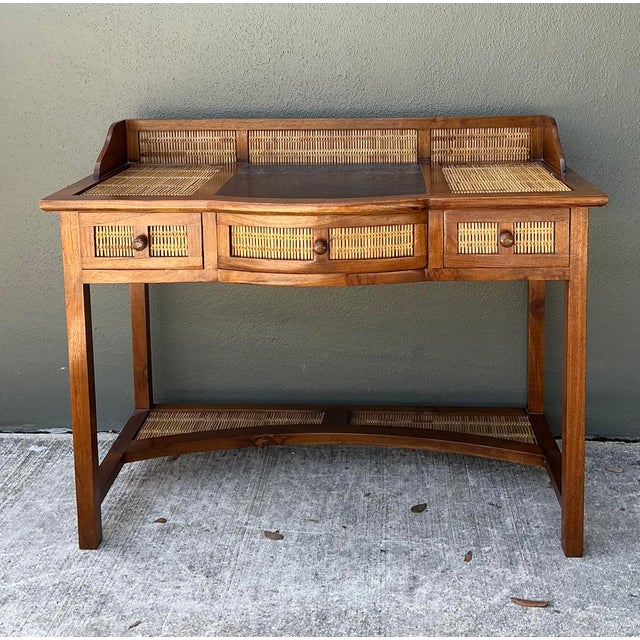 Vintage Woven Rattan and Teak Desk For Sale - Image 4 of 12