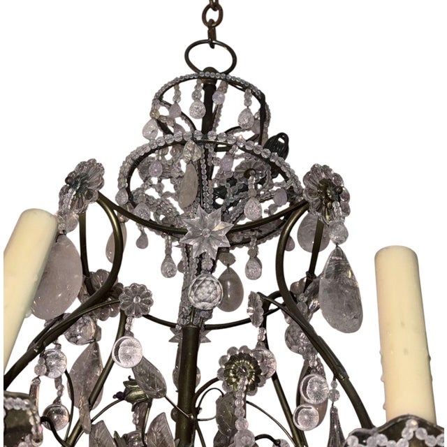 Metal 1940s Maison Baguès Rock Crystal & Rose Quartz Chandelier For Sale - Image 7 of 8