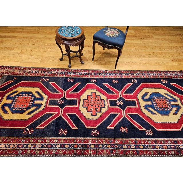 Textile Antique Northwest Runner Rug, Hand-Knotted Wool, Geometric Medallions Pattern, 4x10, Navy & Red For Sale - Image 7 of 18