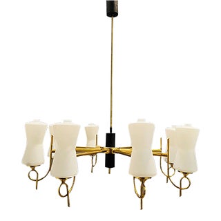 Large Brass Chandelier with Opaline Glass Shades from Stilnovo, 1950s For Sale