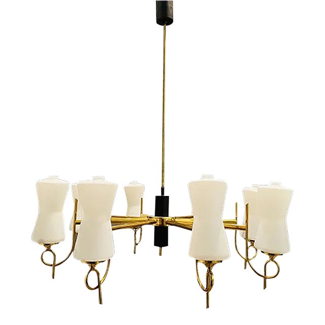 Large Brass Chandelier with Opaline Glass Shades from Stilnovo, 1950s For Sale