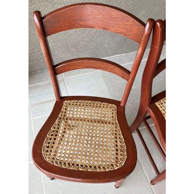 Auburn Circa 1920 Solid Oak Wood & Cane Seat Two-Rung Curved Ladderback Accent Chairs – A Pair For Sale - Image 8 of 18