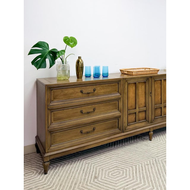 Wood MCM Modular Three Piece Buffet Console Server Vintage Grey Green Server For Sale - Image 7 of 15