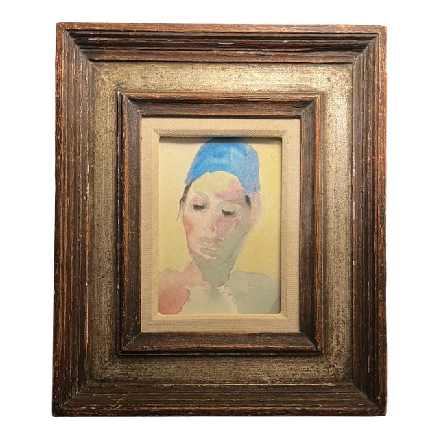 Mid-Century Modern French Watercolor Painting Portrait of an Actor in Fine Silver Gilt Wood Frame For Sale