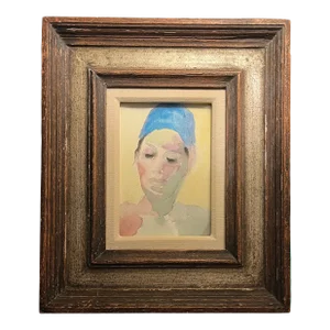 Mid-Century Modern French Watercolor Painting Portrait of an Actor in Fine Silver Gilt Wood Frame