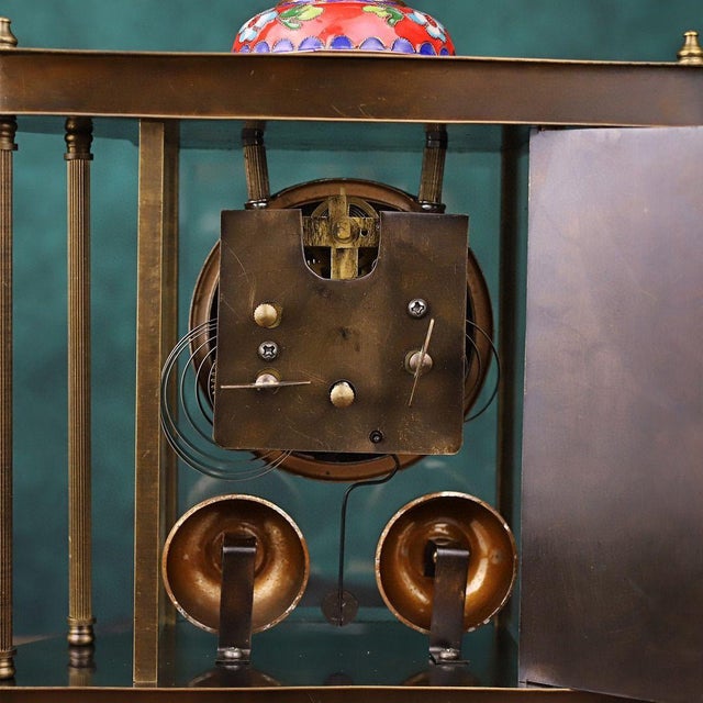 Brown Vintage German Cloisonné Mantel Clock | 8-Day Mechanical Movement With Enamel Panels For Sale - Image 8 of 10