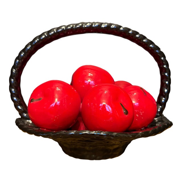 Vintage Ceramic Fruit Red Apples Black Basket Mid Century Decor 9.25” X 12” For Sale