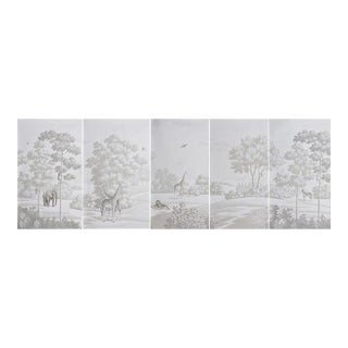 Monochrome Safari Hand-Painted Panoramic Wallpaper, 5-Panel Set For Sale