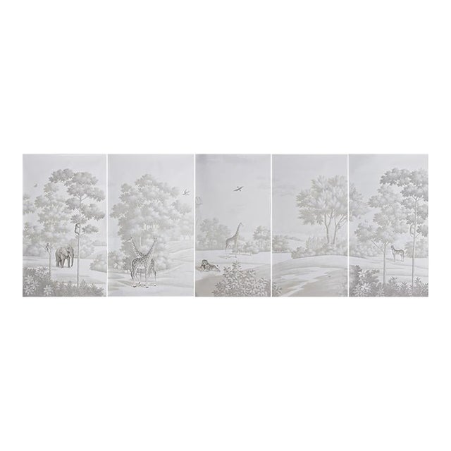 Monochrome Safari Hand-Painted Panoramic Wallpaper, 5-Panel Set For Sale