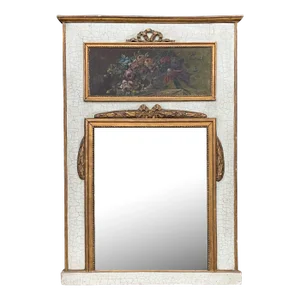 1950s French Trumeau Mirror W/ Floral Oil on Canvas Painting & Giltwood Accents