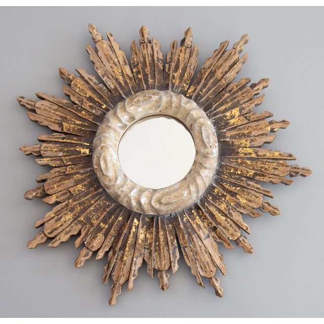 Wood Vintage French Rustic Giltwood Sunburst Mirror For Sale - Image 7 of 7
